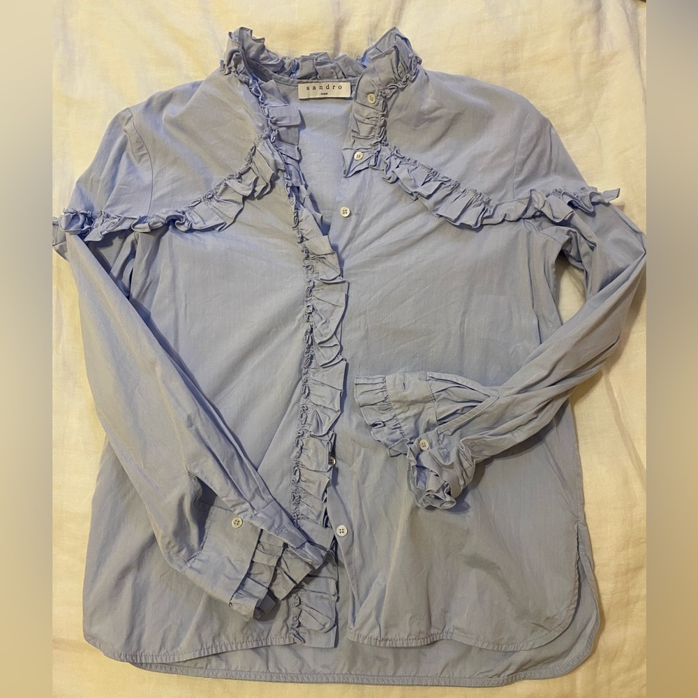 Women's Ruffled Button Down Shirt - Light Blue